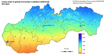 Mapa ročných hodnôt globálneho žiarenia na území Slovenska