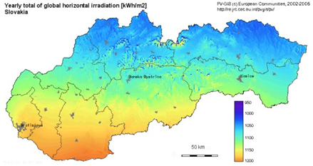 Mapa ročných hodnôt globálneho žiarenia na území Slovenska